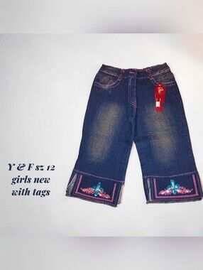 Girls Dark Blue Denim Capri Jeans with Embroidered Hem
